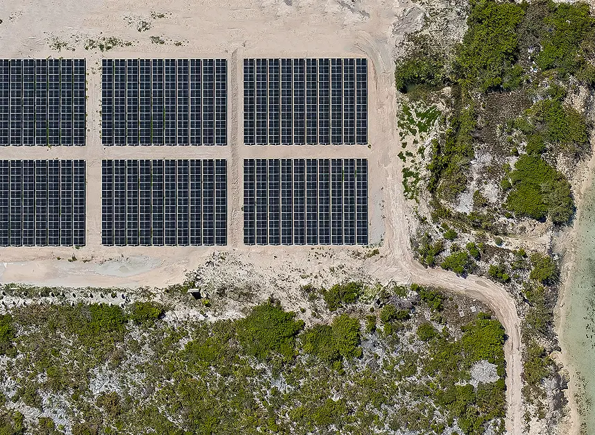 Aerial view of the solar panels surrounded by native vegetation